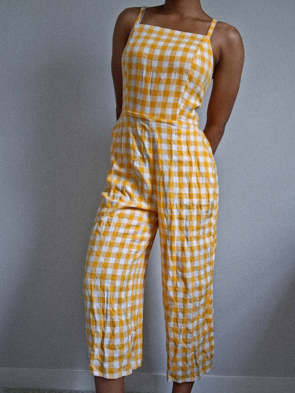 Yellow Gingham Square-Neck Jumpsuit